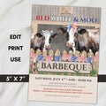 vintage watercolor rustic 4th of july invitation with cows, barn and red white and blue bunting